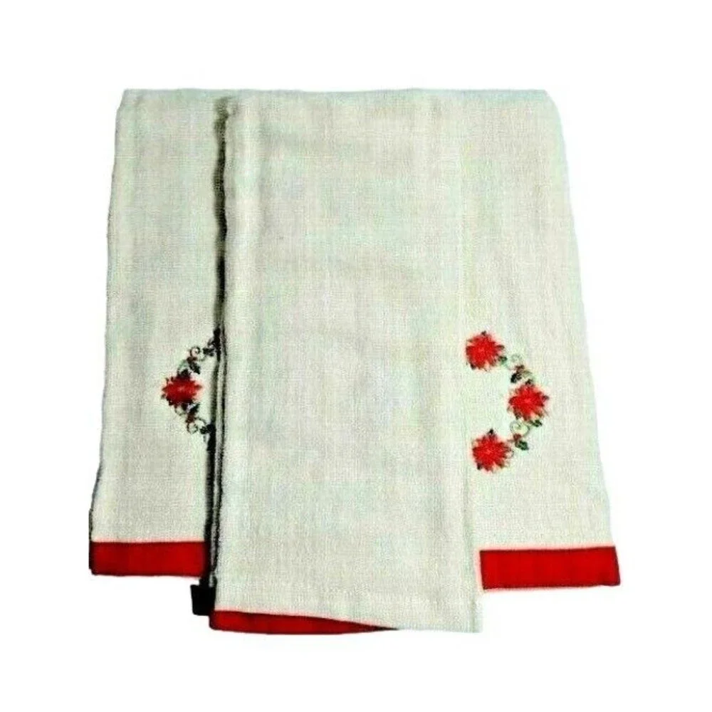 Poinsettia Hand Towels Cotton Embroidered Floral Red Green Holiday 3-pc Gift NEW